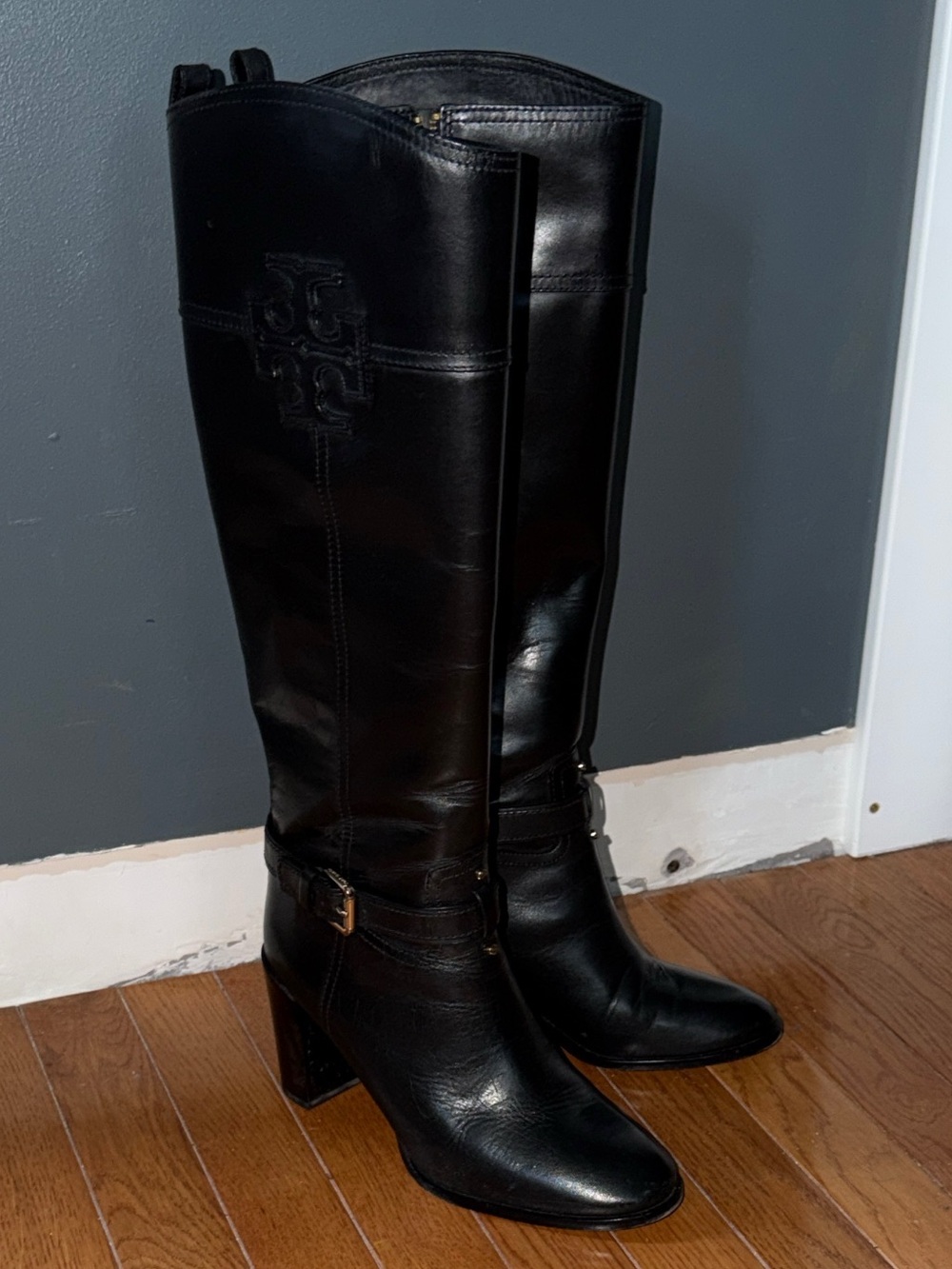 Tory Burch Black Leather Knee-High Block Heel Boots